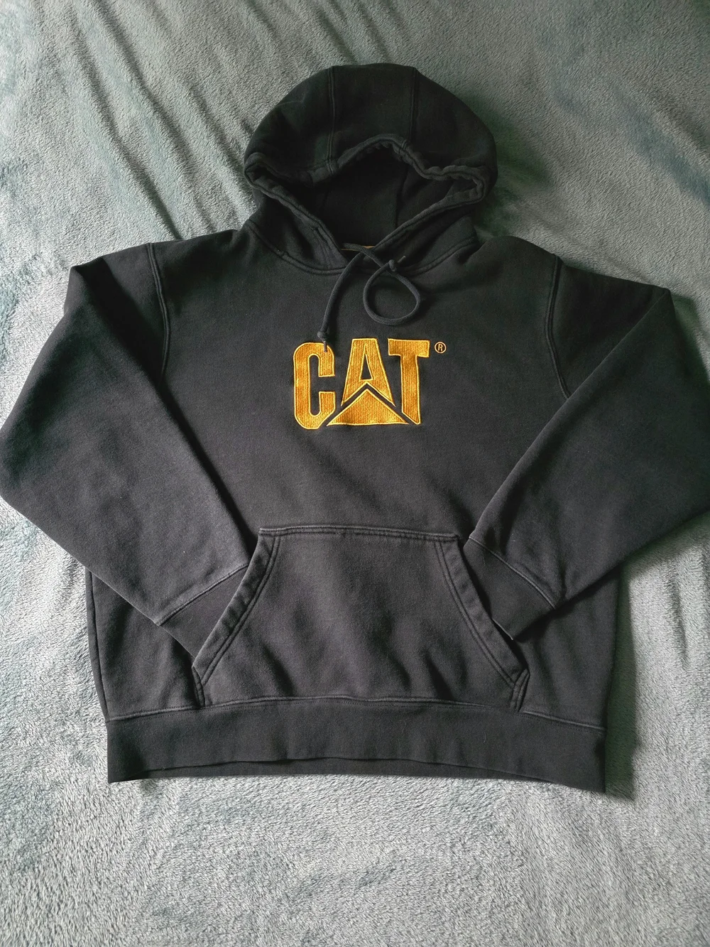 Mens Caterpillar Hoodie with Yellow Logo - Classic Workwear Pullover XL